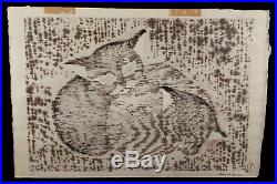Vintage Kaoru Kawano (1916-1965) Cats Kittens Japanese Woodblock Print Art Japan