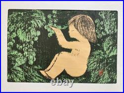 Vintage Kaoru Kawano Japanese Woodblock Print MCM Girl In Forest Original