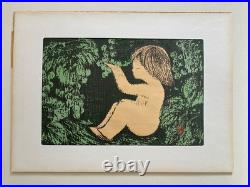Vintage Kaoru Kawano Japanese Woodblock Print MCM Girl In Forest Original