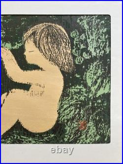 Vintage Kaoru Kawano Japanese Woodblock Print MCM Girl In Forest Original