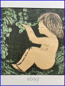 Vintage Kaoru Kawano Japanese Woodblock Print MCM Girl In Forest Original