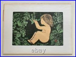 Vintage Kaoru Kawano Japanese Woodblock Print MCM Girl In Forest Original