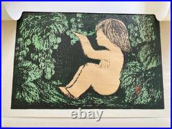 Vintage Kaoru Kawano Japanese Woodblock Print MCM Girl In Forest Original