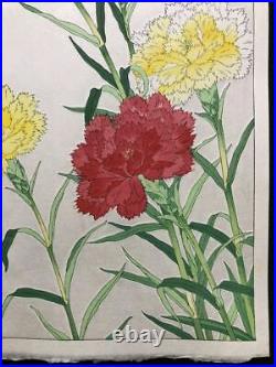 Vintage Kawarazaki Shodo woodblock print Carnation early Showa period