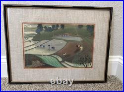Vintage Ohno Bakufu Planting Rice in Rain Japanese Woodblock Print Matted Framed