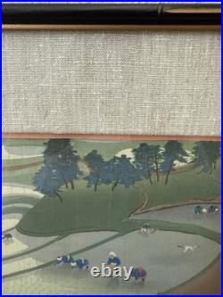Vintage Ohno Bakufu Planting Rice in Rain Japanese Woodblock Print Matted Framed