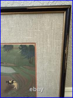 Vintage Ohno Bakufu Planting Rice in Rain Japanese Woodblock Print Matted Framed