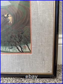 Vintage Ohno Bakufu Planting Rice in Rain Japanese Woodblock Print Matted Framed
