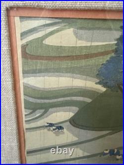 Vintage Ohno Bakufu Planting Rice in Rain Japanese Woodblock Print Matted Framed