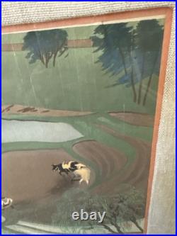 Vintage Ohno Bakufu Planting Rice in Rain Japanese Woodblock Print Matted Framed