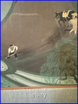 Vintage Ohno Bakufu Planting Rice in Rain Japanese Woodblock Print Matted Framed