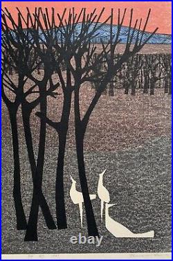 Vintage SHIMA TAMAMI 1961 Japanese Woodblock Print White Bird Forest, Signed