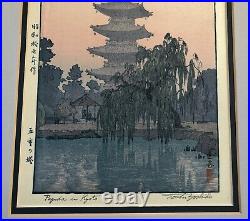 Vintage Signed Toshi Yoshida Japanese Woodblock Print PAGODA IN KYOTO Framed
