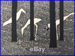 Vintage Tamami Shima Japanese Woodblock Print Birds Trees 41/100 1959 23 X 17