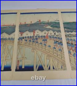 Vintage Triptych Utagawa Sadahide Bridge 3 Japanese Woodblock Art Prints