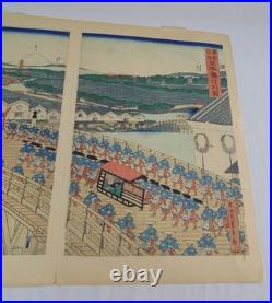 Vintage Triptych Utagawa Sadahide Bridge 3 Japanese Woodblock Art Prints