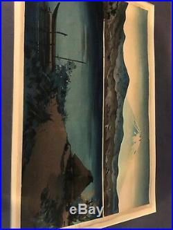 Vintage Yoshimoto Masao Mt. Fuji Hakone Scene Woodblock Print, 16 x 11
