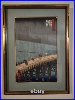 Vintage woodblock print, Hiroshige Ando Sudden Shower over Shin-Ohashi Bridge