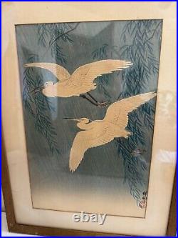 Vtg Antique Japanese Ohara Koson Hoson Woodblock Print Two Egrets & Willow Tree