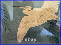 Vtg Antique Japanese Ohara Koson Hoson Woodblock Print Two Egrets & Willow Tree