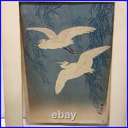 Vtg Antique Japanese Ohara Koson Hoson Woodblock Print Two Egrets & Willow Tree