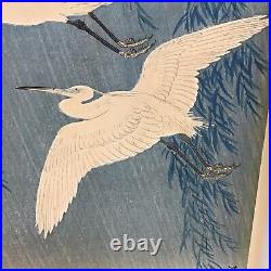 Vtg Antique Japanese Ohara Koson Hoson Woodblock Print Two Egrets & Willow Tree