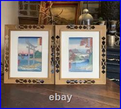Vtg Framed Set Of 2 Hiroshige Woodblock Prints Antique Japan Tatsuta Mt. & River