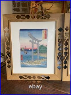 Vtg Framed Set Of 2 Hiroshige Woodblock Prints Antique Japan Tatsuta Mt. & River