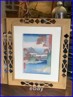 Vtg Framed Set Of 2 Hiroshige Woodblock Prints Antique Japan Tatsuta Mt. & River