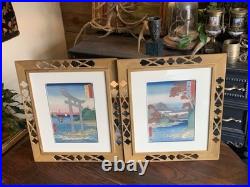 Vtg Framed Set Of 2 Hiroshige Woodblock Prints Antique Japan Tatsuta Mt. & River