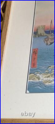 Vtg Framed Set Of 2 Hiroshige Woodblock Prints Antique Japan Tatsuta Mt. & River