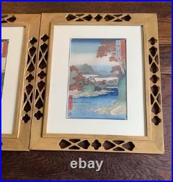 Vtg Framed Set Of 2 Hiroshige Woodblock Prints Antique Japan Tatsuta Mt. & River