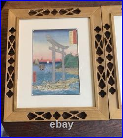 Vtg Framed Set Of 2 Hiroshige Woodblock Prints Antique Japan Tatsuta Mt. & River