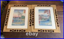 Vtg Framed Set Of 2 Hiroshige Woodblock Prints Antique Japan Tatsuta Mt. & River