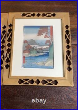 Vtg Framed Set Of 2 Hiroshige Woodblock Prints Antique Japan Tatsuta Mt. & River