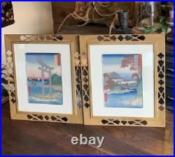 Vtg Framed Set Of 2 Hiroshige Woodblock Prints Antique Japan Tatsuta Mt. & River