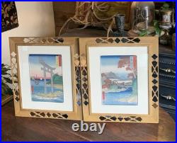 Vtg Framed Set Of 2 Hiroshige Woodblock Prints Antique Japan Tatsuta Mt. & River