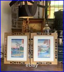 Vtg Framed Set Of 2 Hiroshige Woodblock Prints Antique Japan Tatsuta Mt. & River