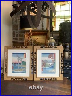 Vtg Framed Set Of 2 Hiroshige Woodblock Prints Antique Japan Tatsuta Mt. & River