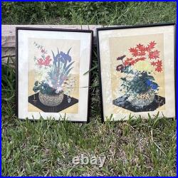 Vtg JAPANESE WOODBLOCK PRINT BAKUFU OHNO 1950 FLOWERS IN BASKET Pair