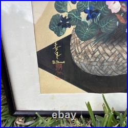 Vtg JAPANESE WOODBLOCK PRINT BAKUFU OHNO 1950 FLOWERS IN BASKET Pair