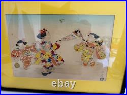 Vtg Japanese Konobu Hasegawa Woodblock Print Children Playing on New Year's Day