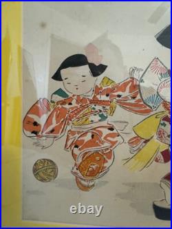 Vtg Japanese Konobu Hasegawa Woodblock Print Children Playing on New Year's Day