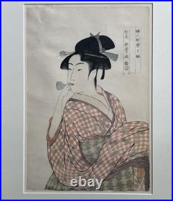 Vtg Japanese Woodblock Print Kitagawa Utamaro Young Woman Blowing a Glass Popen