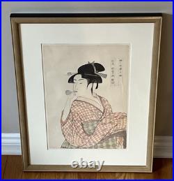 Vtg Japanese Woodblock Print Kitagawa Utamaro Young Woman Blowing a Glass Popen