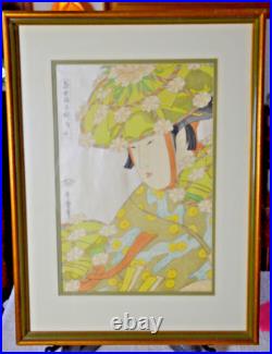 Vtg Kitagawa Utamaro Framed Woodblock Print Woman With Green Hat- by Adachi Inst