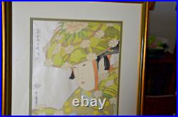 Vtg Kitagawa Utamaro Framed Woodblock Print Woman With Green Hat- by Adachi Inst