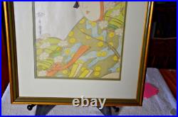 Vtg Kitagawa Utamaro Framed Woodblock Print Woman With Green Hat- by Adachi Inst