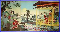 WATANABE NOBUKAZU-Japanese Woodblock-Playing In Garden-Meiji Triptych