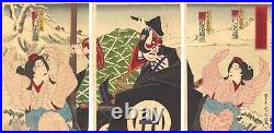 WB Kunichika Japan Woodblock Prints Antique Kabuki Kumadori Snow Triptych 1891s